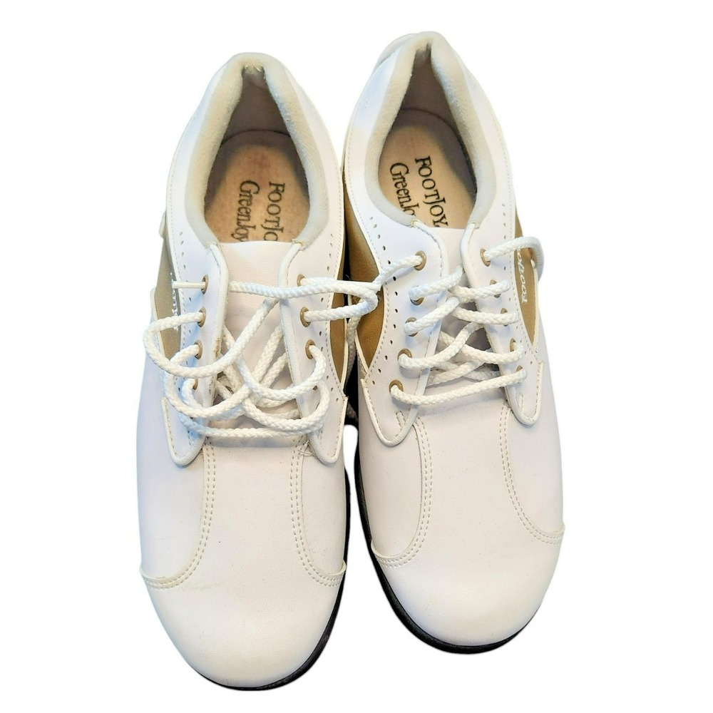 FootJoy GreenJoys Womens Golf Shoes White Tan Spiked Athletic Lace Up